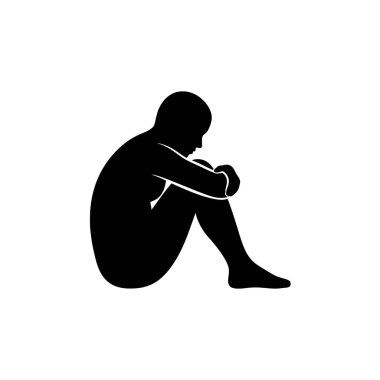 Siyah bir siluet yerde oturan, dizlerini göğsüne dayayan, başını eğmiş bir insan..