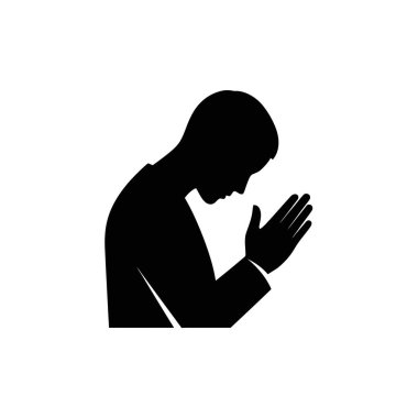 Bir adamın siyah silueti başını eğip dua ederken ya da dua ederken ellerini sıkar..