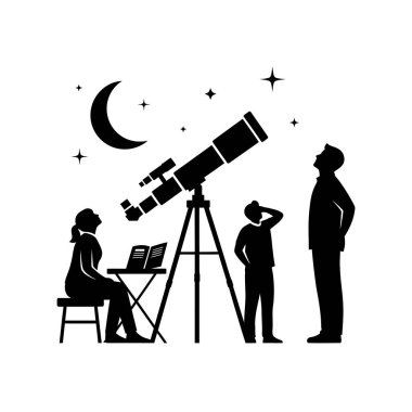 Bir aile gece gökyüzünü büyük bir teleskopla gözlemler, açık bir gökyüzünde hilal ay ve yıldızları barındırır..