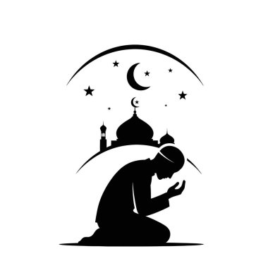 Dua eden Müslüman bir adamın silueti, elleri açık bir şekilde camiye, hilal aya ve yıldızlara karşı dizlerinin üzerinde..