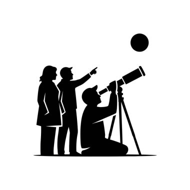 Yıldızları izleyen üç kişi, bir kişi teleskoptan bakarken diğeri gökyüzünü işaret ediyor..