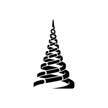 Modern ve zarif bir bayram sembolü yaratan, sürekli bir spiral çizgiden oluşan bir Noel ağacının minimalist siyah ve beyaz çizimi..