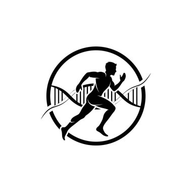 Arka planda DNA ipliği olan koşan bir adamın siyah silueti. Hepsi dairesel bir çerçevenin içinde..