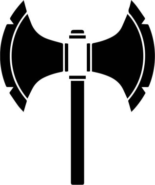 A black double sided battle axe with a long handle and sharp blades