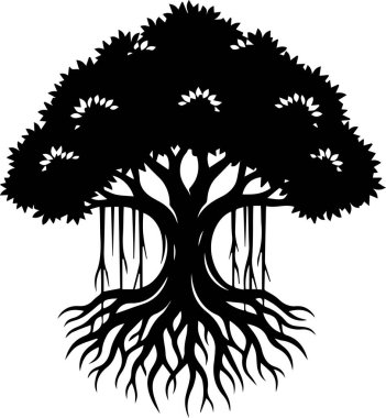 Kökleri olan ayrıntılı siyah ağaç silueti