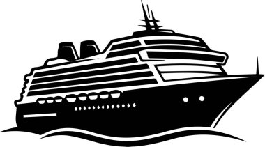 Büyük bir yolcu gemisinin siyah silueti, birden fazla güverte ve lombozla okyanusta yol alıyor..