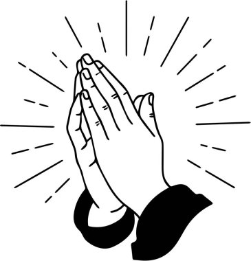 İlahi ışıklarla çevrili dua eden ellerin ayrıntılı siyah beyaz çizimi