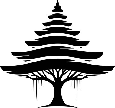 Katmanlı dalları ve yaprakları olan siyah bir ağaç silueti.