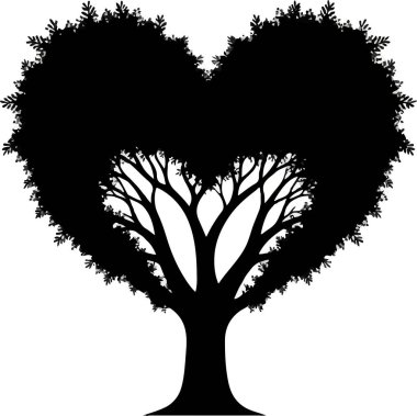 Kara ağaç silueti dallarla ve yapraklarla bir kalp şekli oluşturuyor.