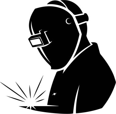 Koruyucu kask takan ve maske takan bir kaynakçının siyah silueti çalışıyor.