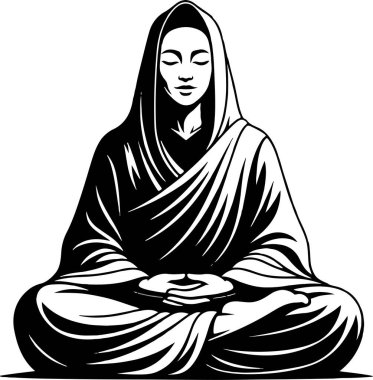 Meditasyon yapan sakin bir kadının siyah beyaz çizimi