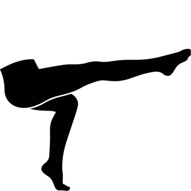 Beyaz arka planda yoga pozu veren siyah siluet bir kadın.