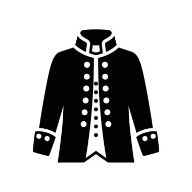 Koloni döneminden kalma siyah-beyaz bir askeri üniforma ikonu, yüksek yakalı ve birden fazla düğmeli..