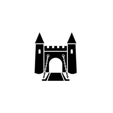 İki kule ve zincirli alçak bir asma köprünün yer aldığı bir ortaçağ kalesinin siyah siluet simgesi..