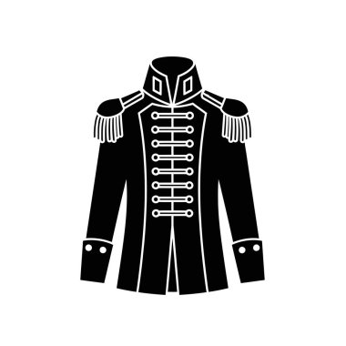 Üzerinde apoletler ve dekoratif düğmeler olan tarihsel askeri üniforma ceketinin siyah-beyaz bir çizimi..