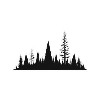 Yoğun bir çam ağacı silueti içeren minimalist bir illüstrasyon, temiz beyaz arka plana karşı siyah bir orman manzarası sergiliyor..