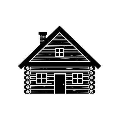 Baca ve pencereli geleneksel bir ahşap kulübenin basit bir siyah beyaz simgesi, rahat bir evi ya da geri çekilmeyi temsil ediyor..