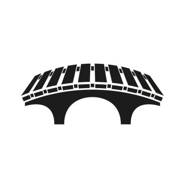 Minimalist siyah-beyaz bir köprü tasviri. Kemerli bir yapısı ve bölümlü üst kısmı var..