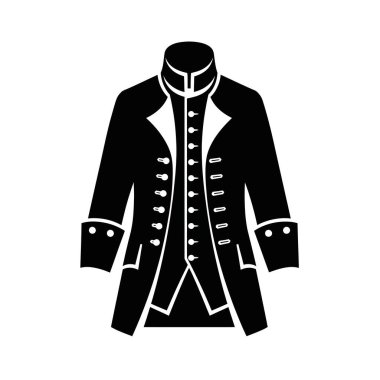 Düğmeleri ve manşetleri olan, tarihi modayı temsil eden klasik bir frak resmedilmiş siyah ve beyaz bir silüet..