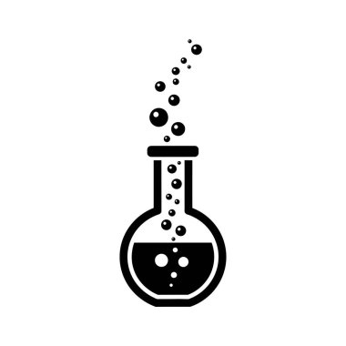 Yuvarlak alttaki şişenin siyah beyaz simgesi. İçi fokurdayan ve yükselen sıvı kimya ve bilimsel süreçleri sembolize ediyor..