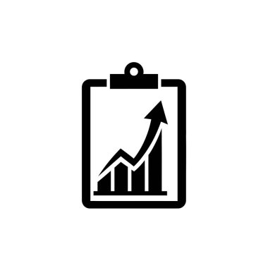 Yukarı doğru eğilimi gösteren, büyümeyi ve olumlu istatistikleri sembolize eden, çubuk grafikli bir pano tasvir eden siyah beyaz simge.