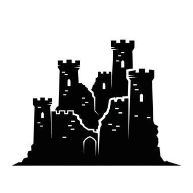 Çarpıcı bir siyah siluet. Eski, çökmüş bir kale. Birden fazla kulesi ve kırık duvarları var..