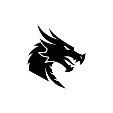 Keskin çizgiler ve agresif bir ifadeyle beyaz bir arkaplan üzerine kurulmuş çarpıcı siyah bir ejderha kafası silueti..