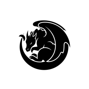 Çarpıcı siyah bir ejderha silueti dairesel bir şekilde kıvrılmış, logo ya da amblem için mükemmel..