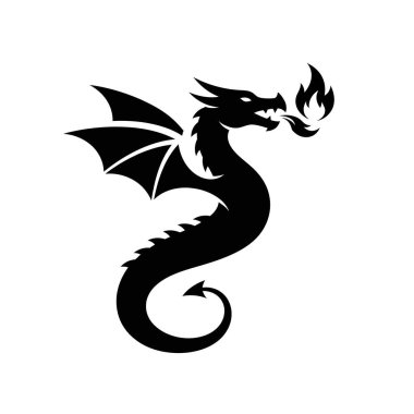 Zarif kanatları ve kıvrık kuyruğuyla betimlenmiş, beyaz bir arka plana karşı ateş püskürten bir ejderhanın çarpıcı siyah silüeti..