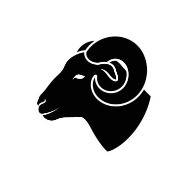 Çarpıcı siyah bir baş silueti, kendine özgü kıvrımlı boynuzları, temiz beyaz bir arka plana karşı sunulur.