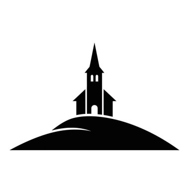 Minimalist bir siyah siluet simgesi, çan kulesi olan, tepenin üstünde duran, beyaz bir arka planda izole edilmiş bir kilise..