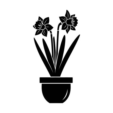 Bir saksının içinde büyüyen nergis çiçeklerinin, baharı ve bahçıvanlığı temsil eden basit bir siyah beyaz çizimi..