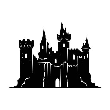 Büyük bir ortaçağ şatosunun çarpıcı siyah silueti, birden fazla kule ve siperlerin bulunduğu, temiz beyaz bir arka plana karşı kurulmuş..
