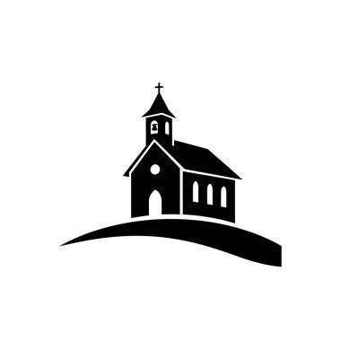 Çan kulesi ve haçı olan, yumuşak bir tepenin üzerinde duran minimalist siyah beyaz bir kilise silueti..