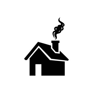 Minimalist siyah bir siluet bacası olan bir ev, temiz beyaz arka plan üzerine kurulmuş bir duman yayıyor..