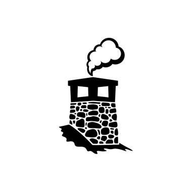 Üstünden duman çıkan bir taş bacanın siyah ve beyaz vektör çizimi, temiz beyaz arkaplan üzerine kuruludur..
