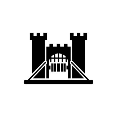 İki kulesi ve merkezi kapısı olan, gücü ve savunmayı simgeleyen bir kale ya da kaleyi tasvir eden koyu siyah bir ikon..