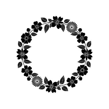 Dairesel çiçekli güzel siyah beyaz bir çelenk. Davetiyeler, logolar ve dekoratif aksanlar için mükemmel..
