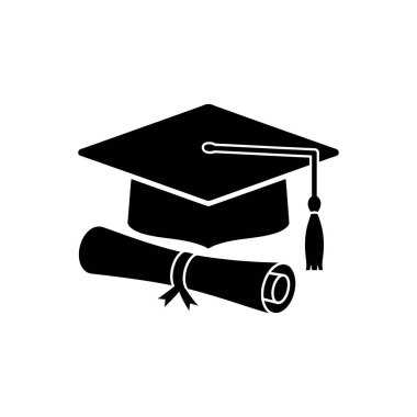 Mezuniyet şapkası, püsküllü siyah bir siluet ve kurdeleyle sarılmış bir diploma. Akademik başarıyı ve başarıyı simgeliyor..