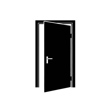 Açık bir kapının minimalist siyah silueti, temiz beyaz bir arkaplanda izole edilmiş, giriş veya çıkışı temsil ediyor..