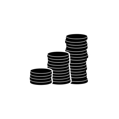 Artan üç madeni para yığınının basit bir siyah-beyaz çizimi, finansal ilerlemeyi ve zenginliği sembolize ediyor..