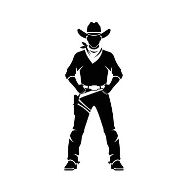 Şapkalı ve bandanalı bir kovboyun çarpıcı siyah silueti. Elleri kalçasında, harekete geçmeye hazır..