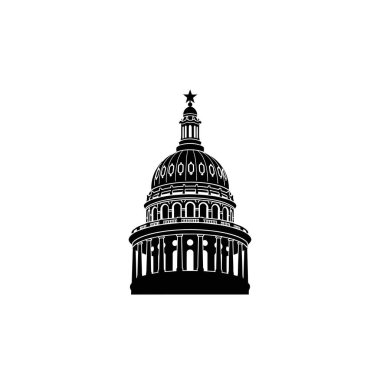 Büyük bir meclis binasının çarpıcı siyah beyaz vektör silueti, temiz bir arkaplanda izole edilmiş kendine özgü kubbesi ve sütunları var..