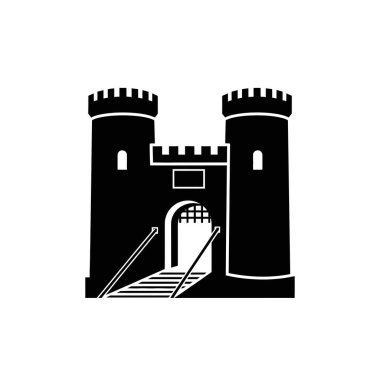 İki önemli kule, güçlendirilmiş bir kapı ve indirilmiş bir asma köprünün yer aldığı bir ortaçağ şatosunun cesur siyah beyaz çizimi..