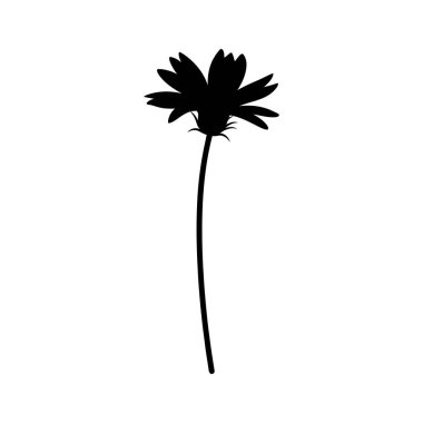 Bir çiçeğin minimalist siyah silüeti, birden fazla taç yaprağı ve ince, uzatılmış bir gövdesi, beyaz bir arka planda..
