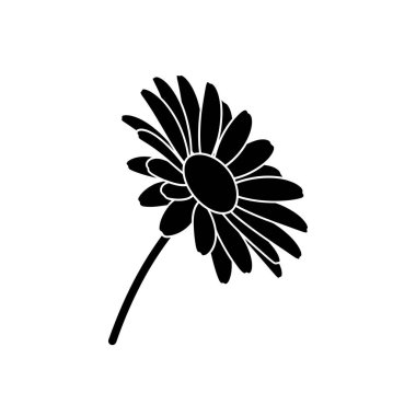Bir papatya çiçeğinin minimalist siyah silueti, yandan bakıldığında, taç yaprakları ve bir kök ile.