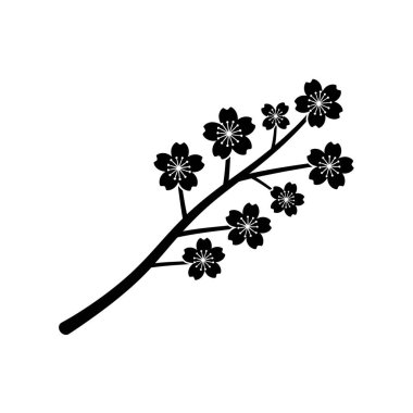 Minimalist siyah bir siluet, beyaz bir arka planda izole edilmiş, birden fazla çiçekli kiraz çiçeği dalı..