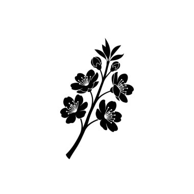 Bir kiraz çiçeğinin minimalist siyah silueti, açık çiçekler ve küçük yapraklarla, temiz beyaz bir arkaplana kurulmuş..