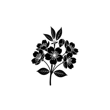 Minimalist siyah bir siluet, beyaz bir arka planda izole edilmiş, birden fazla çiçek ve yapraklı bir kiraz çiçeği dalı..