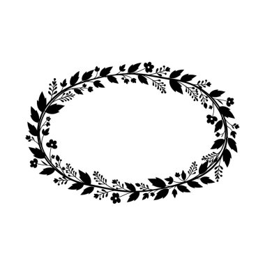 Oval bir çerçevenin güzel siyah silueti narin yapraklar ve küçük çiçeklerle süslenmiş, davetiyeler veya dekoratif unsurlar için mükemmel..